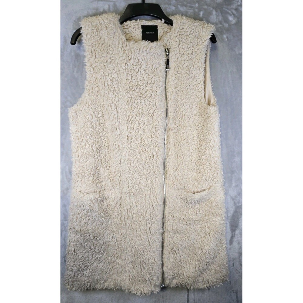 Forever 21 Faux Sherling Long Vest Medium Beige Full Asymmetrical Zipper Pockets